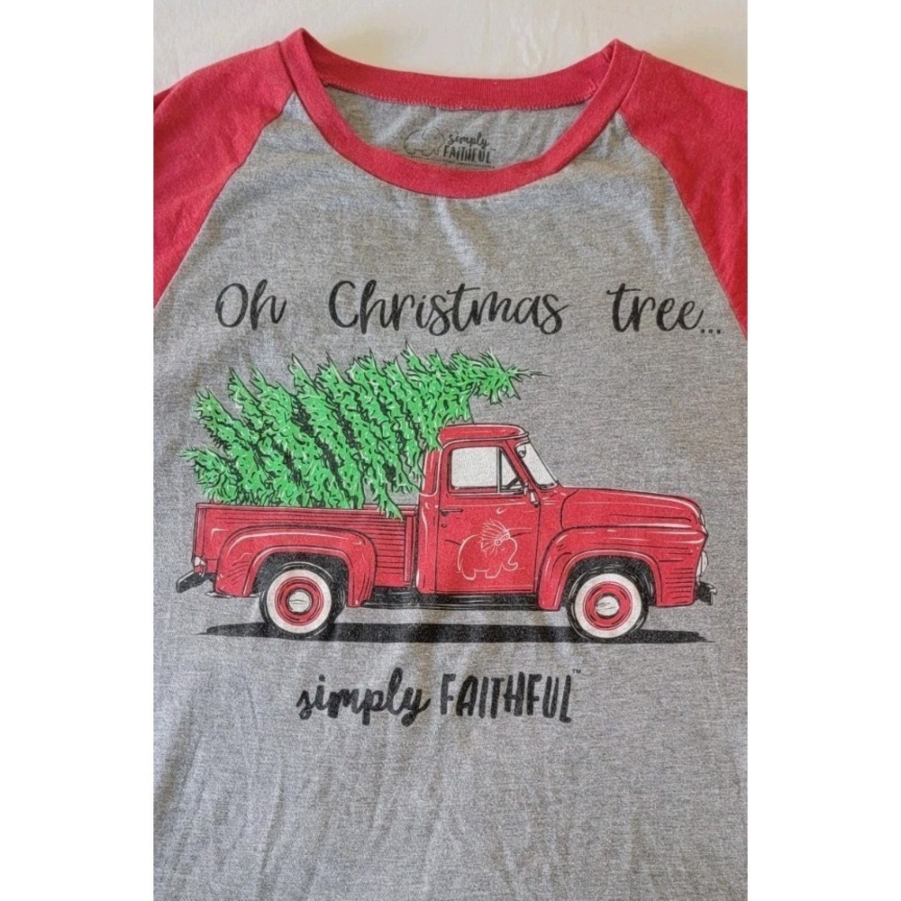 Simply Faithful Oh Christmas Tree Raglan Gray T-shirt Red Truck-Medium